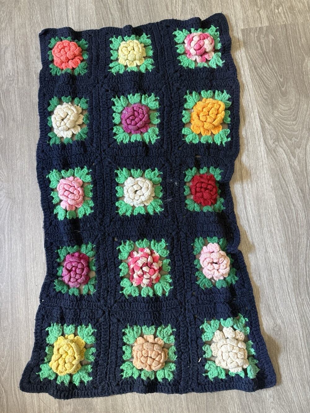 Vintage Handmade Crochet 3D Flower Granny Square Afghan Blanket 36x20